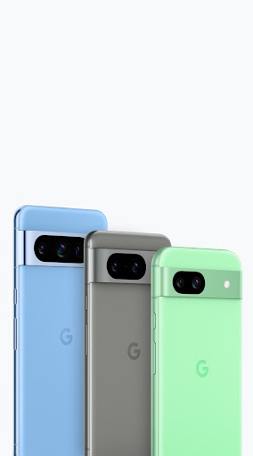 The Pixel 8 Pro, Pixel 8 and Pixel 8a all standing by one another.