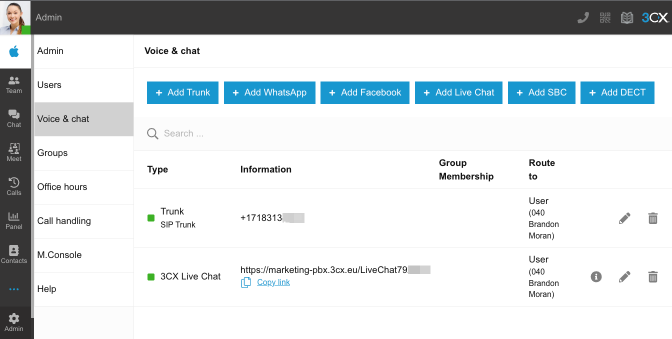 3CX Web Client > <b>“Admin”</b> >  <b>“Voice & Chat”</b>
