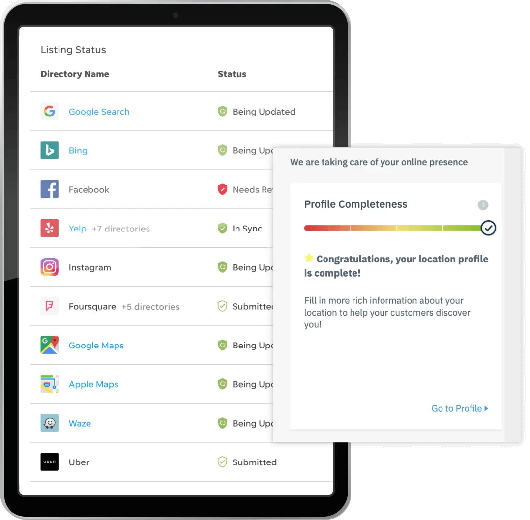 Business listings management status on tablet