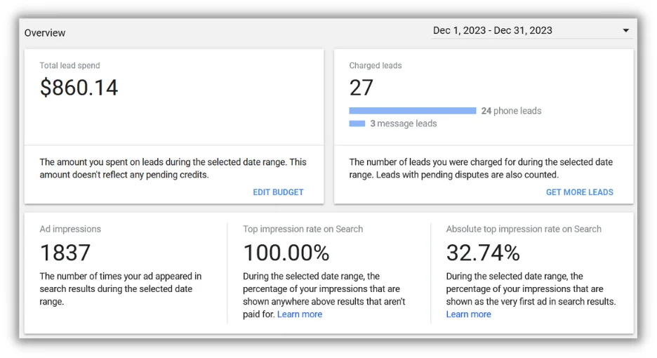 local services ads - google lsa report screenshot