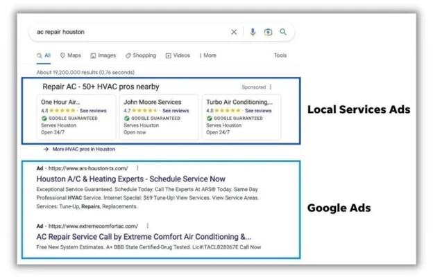 local local services ads - screenshot of lsa versus search ad