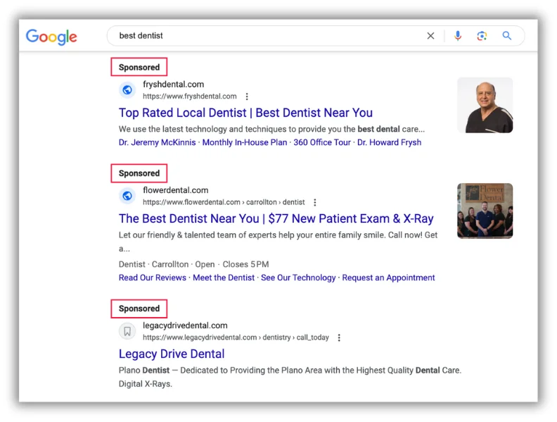 google ads for dentist on the serp