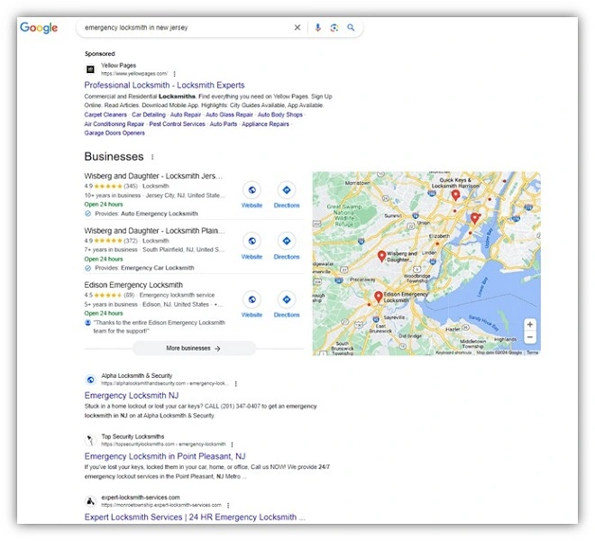seo for locksmiths - example locksmith serp