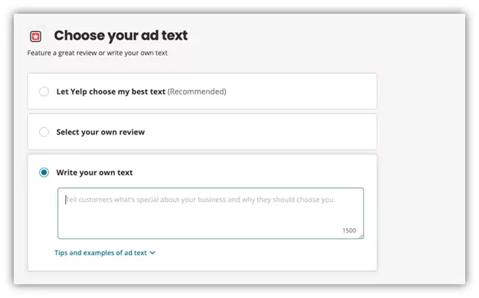 yelp ads - adding yelp ad text