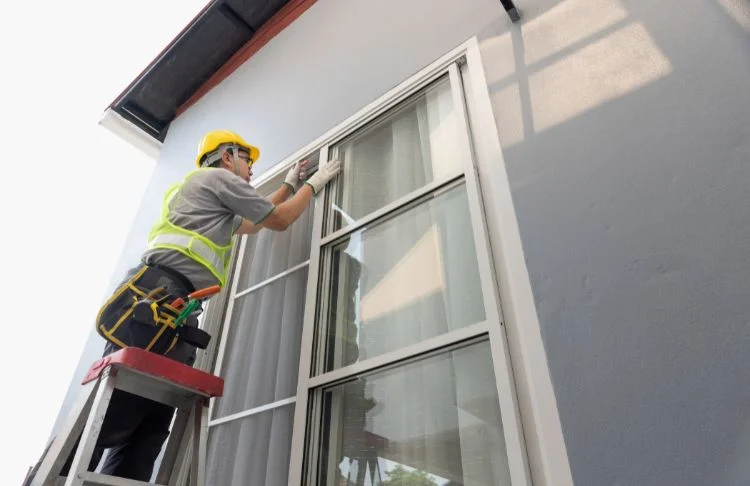 Home services marketing - worker on ladder fixing windows.