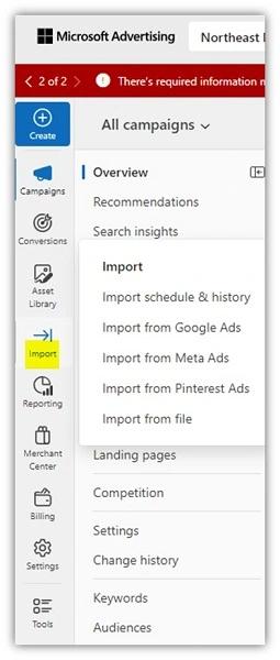 microsoft ads - import menu