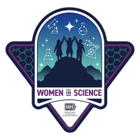 NIH Women in Science badge displayed above the National Center for Advancing Translational Sciences logo. The badge displays three women, standing on a hill illuminated by constellations, holding hands above their heads.