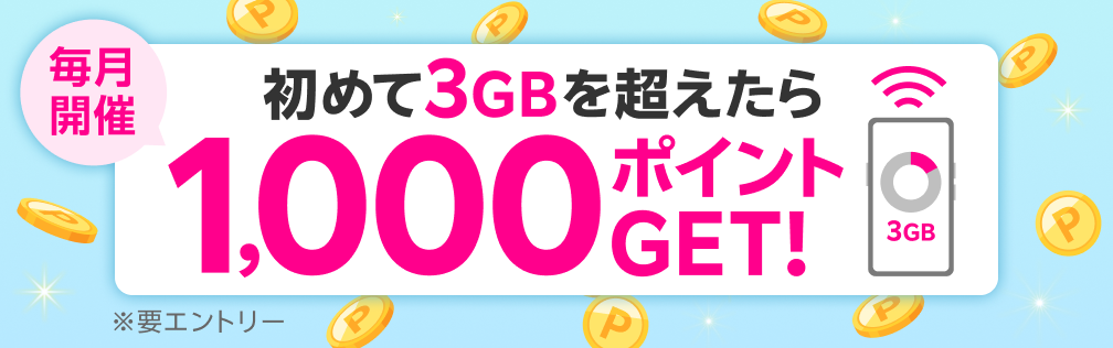 毎月開催　初めて3GBを超えたら1,000ポイントGET！※要エントリー