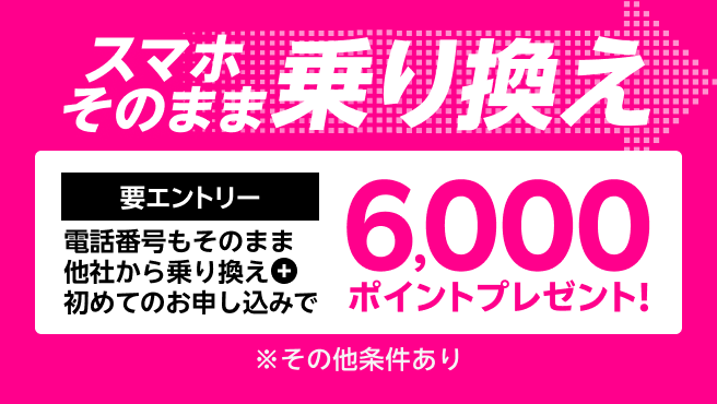 【要エントリー】スマホそのまま乗り換え！電話番号もそのまま他社から乗り換え＆初めてお申し込みで6,000ポイントプレゼント！