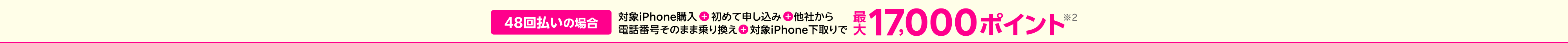 48回払いの場合対象iPhone購入+楽天モバイル初めて申し込み+他社から電話番号そのまま乗り換え+対象iPhone下取りで最大17,000ポイント※2