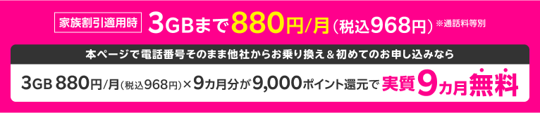 家族割引適用時3GBまで880円/月（税込968円）※通話料等別 本ページで電話番号そのまま他社からお乗り換え&初めてのお申し込みなら 実質9ヵ月分無料