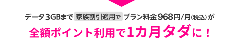 データ3GBまで家族割引適用でプラン料金968円／月（税込）が全額ポイント利用で1カ月タダに！