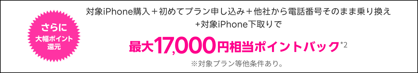 対象iPhone購入＋初めてプラン申し込み ＋他社から電話番号そのまま乗り換え＋対象iPhone下取りで最大17,000円相当おトク！