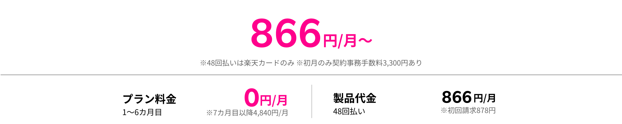 866円/月〜 ※48回払いは楽天カードのみ ※初月のみ契約事務手数料3,300円あり プラン料金 1〜6カ月目 0円/月 ※7カ月目以降4,840円/月 製品代金 48回払い 866円/月 ※初回請求878円