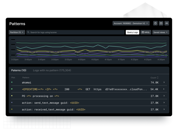 Screen with log patterns for filtering logs