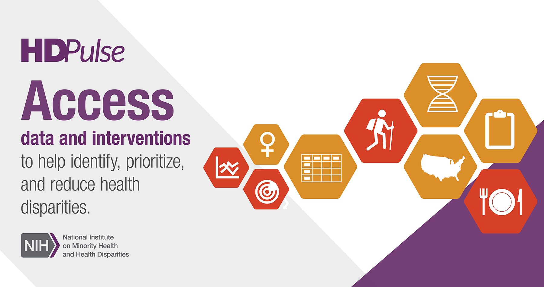 Orange or gold hexagons, each with a white icon representing health or data. NIMHD logo. Text: HDPulse: Access data and interventions to help identify, prioritize, and reduce health disparities