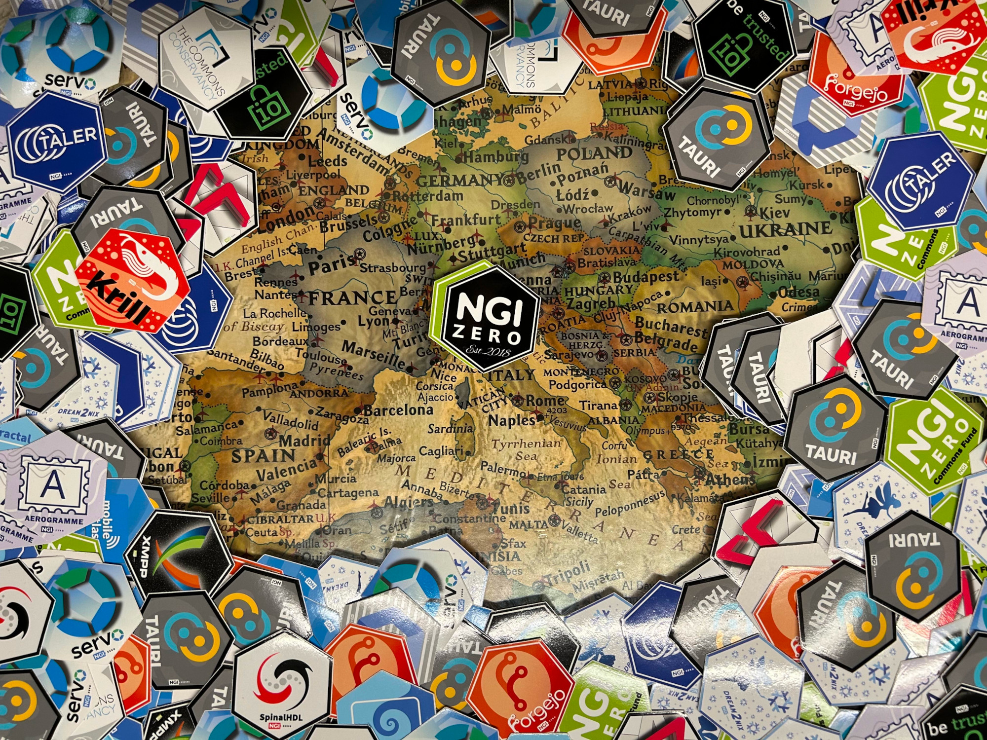 Map of Europe overlayed with hexes of NGI Zero projects