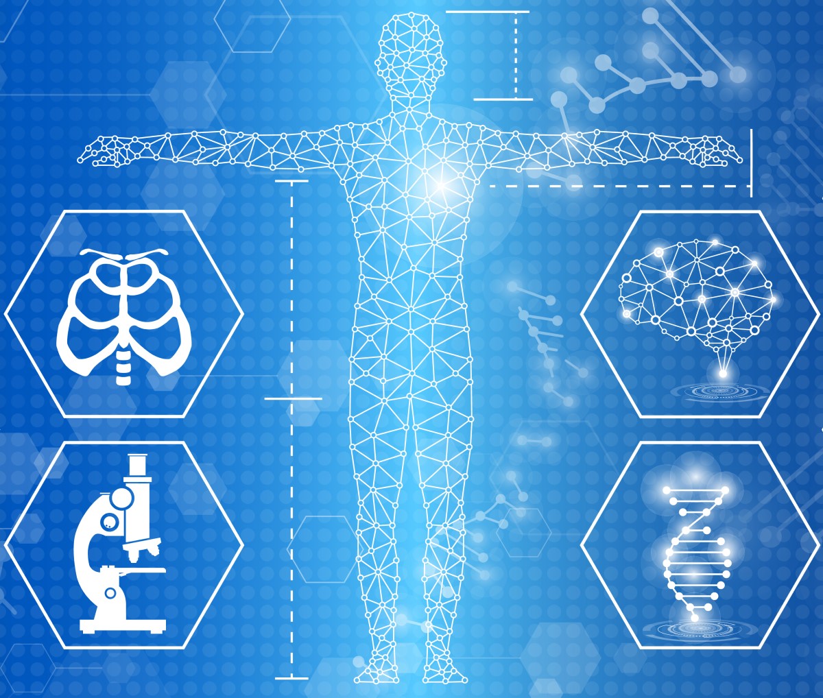 Abstract background technology concept in blue light, human body surrounded by icons for molecules, medications, microscope, body structure, brain, DNA, technology, and atoms all representing human resilience factors. 