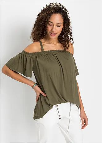 Shirt cold-shoulder z koronką, kolor: ciemnooliwkowy