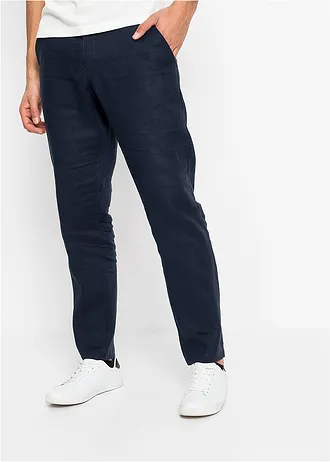 Spodnie chino lniane Regular Fit Straight z wygodnym paskiem, kolor: ciemnoniebieski