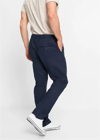 Spodnie chino z gumką w talii, z materiału z lnem, Regular Fit Straight, kolor: ciemnoniebieski