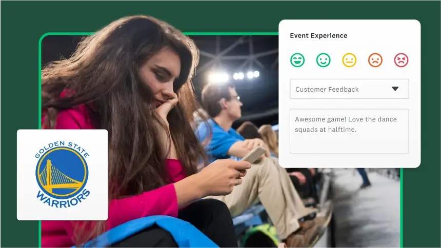 Woman at sports game looking on phone next to logo of Golden State Warriors and screenshot of event experience survey