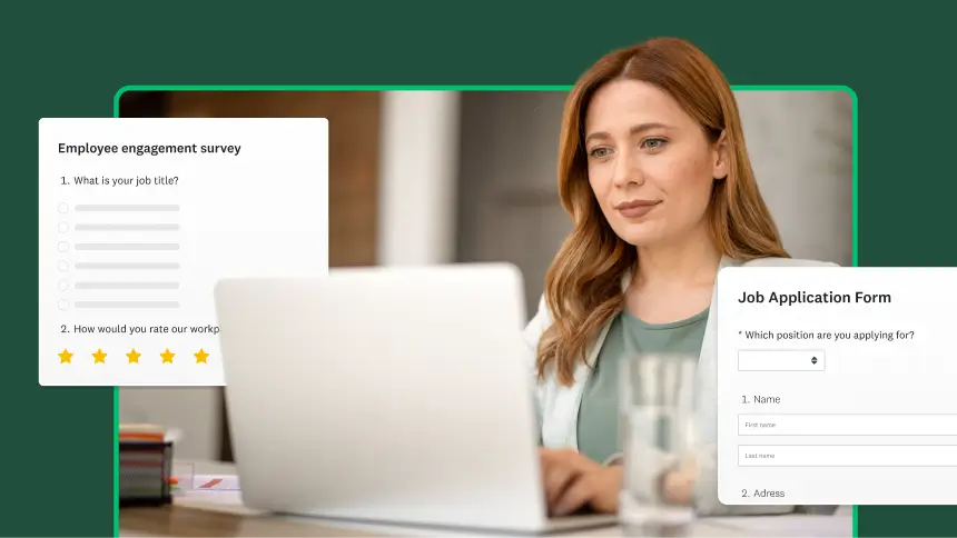 Woman working on computer, next to employee engagement survey