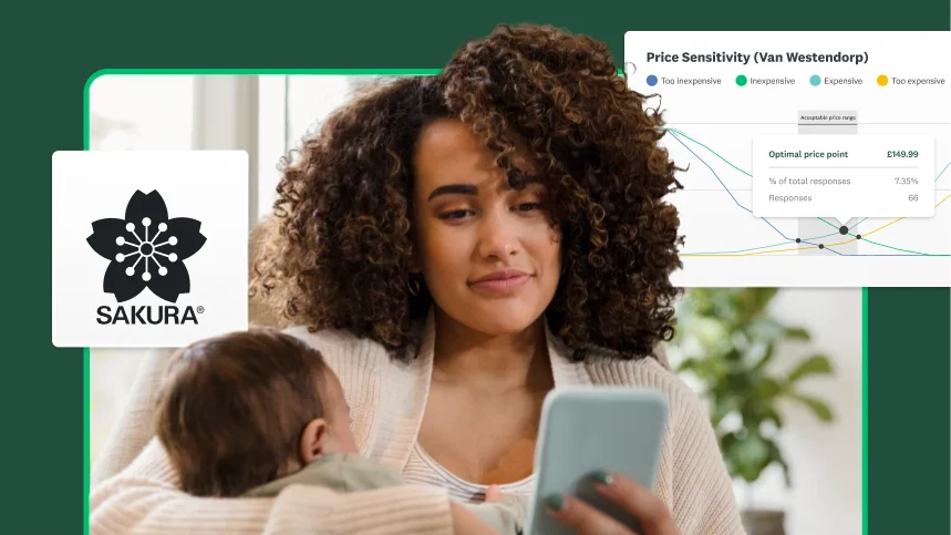 Woman holding baby next to Sakura logo and screenshot of SurveyMonkey price optimisation solution