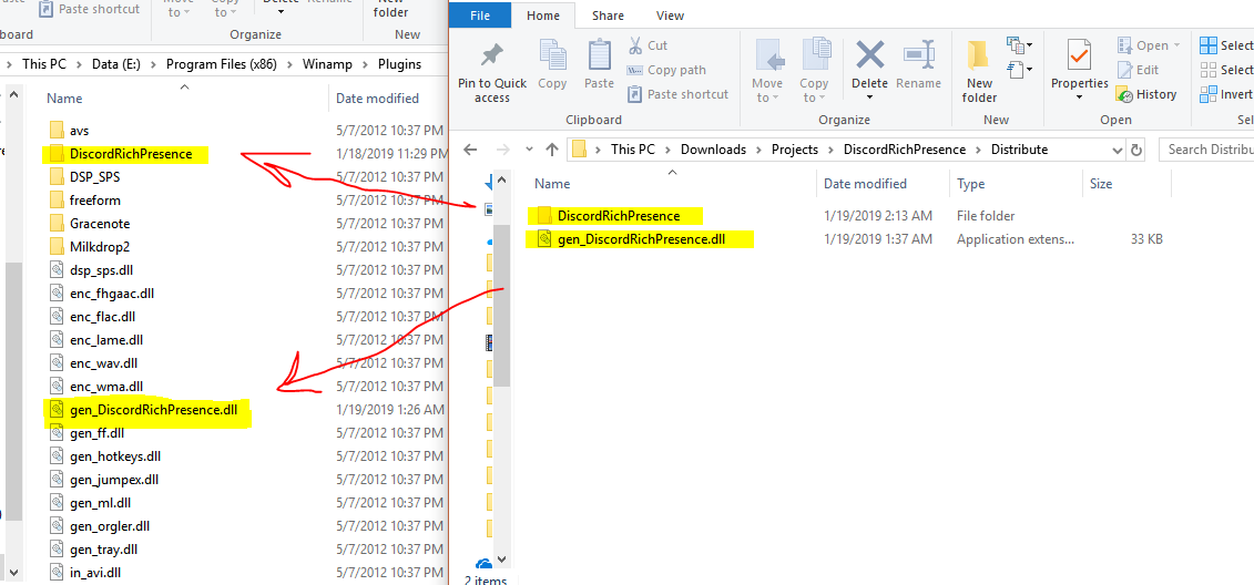 Two Windows file folders are shown; one for the Winamp Plugins install folder and one for the unzipped plugin release. Arrows are showing that the plugin release files are copied into the Winamp Plugins folder.