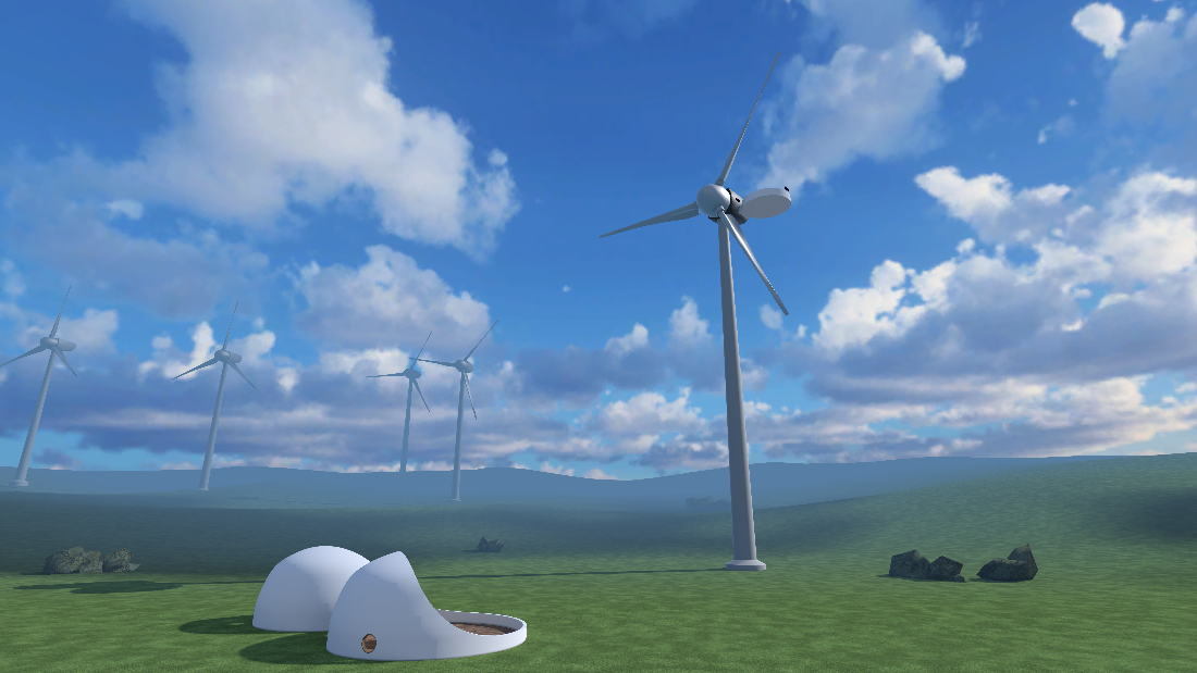 A screenshot of the Mesh 101 tutorial showing the sphere terraces and wind turbines.