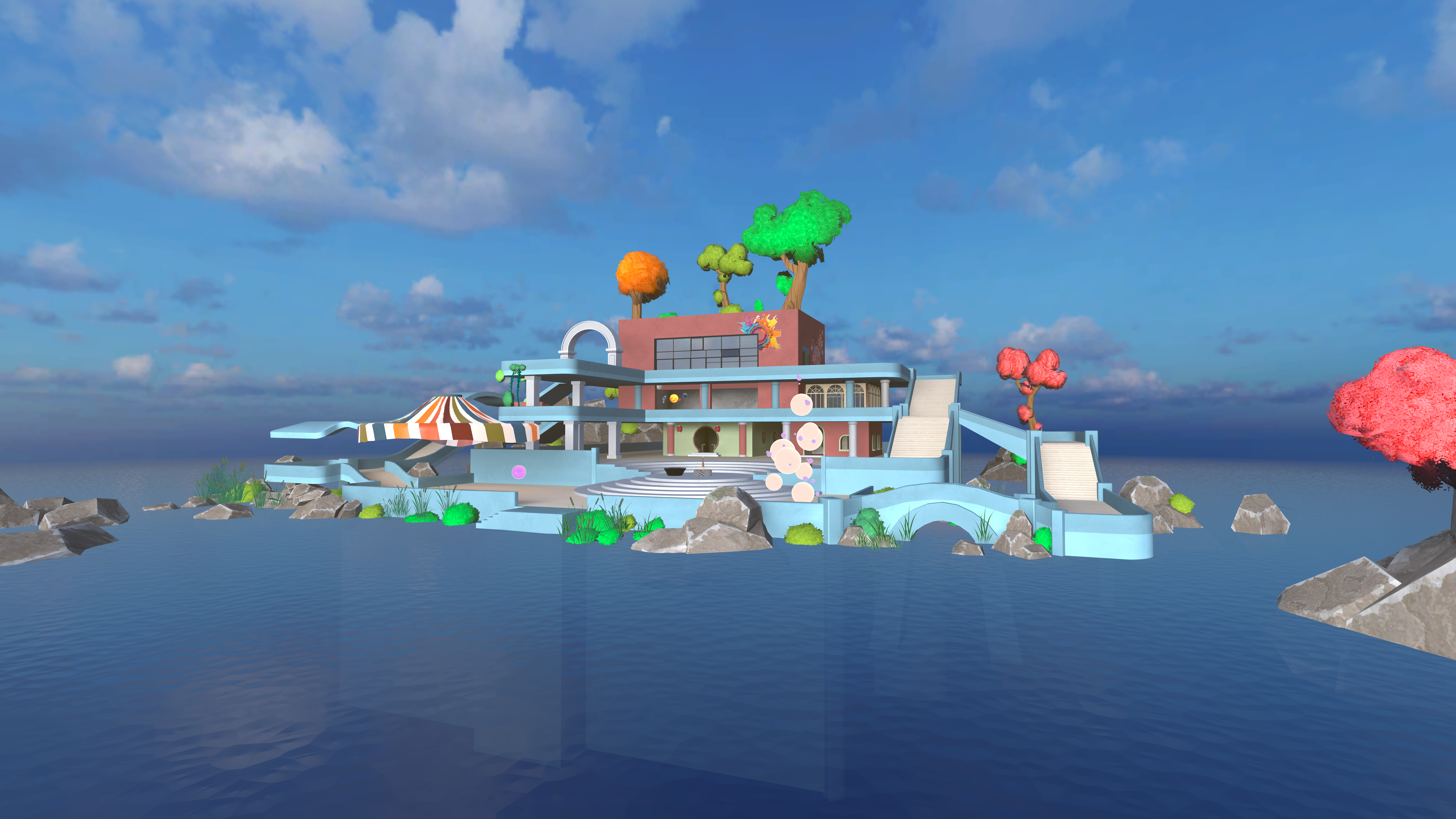 A long-range view of the toybox scene in unity showing a building, tent and surrounding lake.