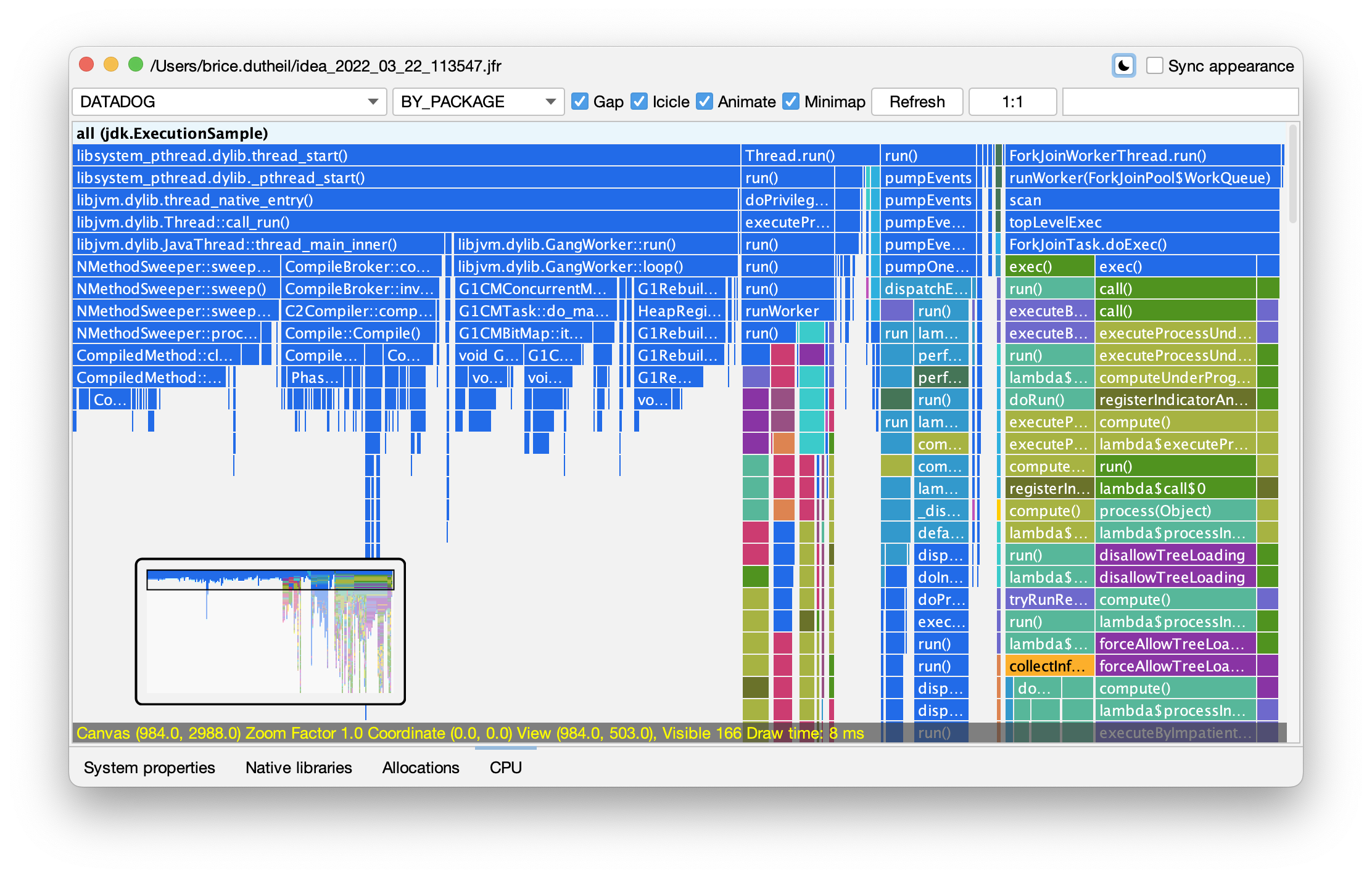 Shows a flamegraph in either light or dark mode