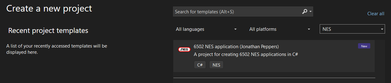 Screenshot of the NES project template in Visual Studio