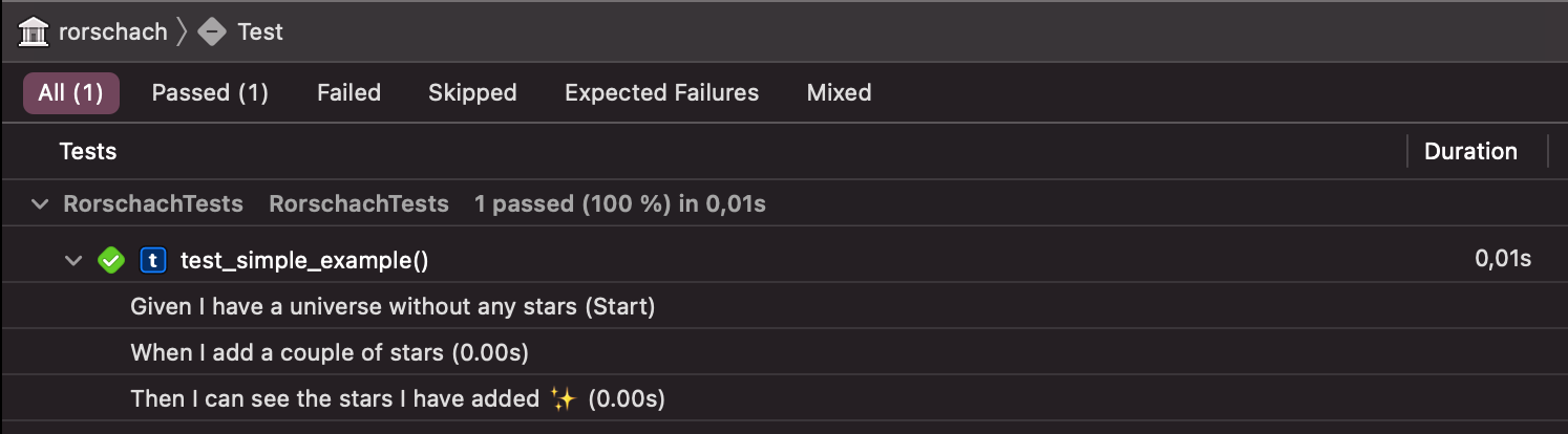 Corresponding test result in Xcode's Report Navigator