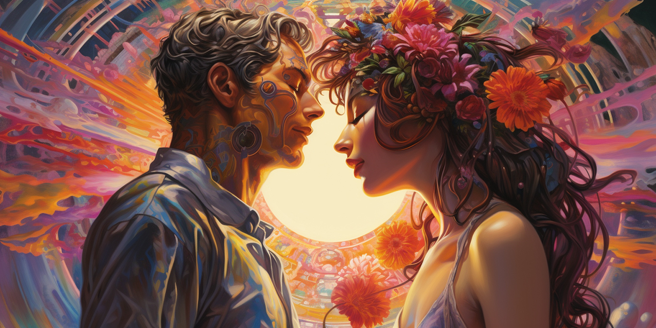 Social Preview. A romantic couple facing each other with closed eyes. Psychedelic background.