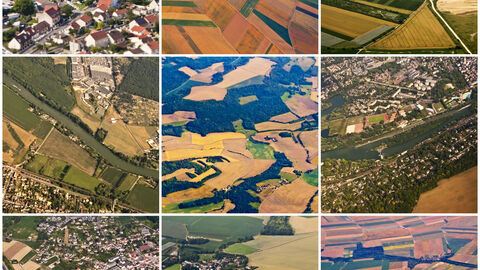 Kachel-Collage aus mehreren Luftbildern von Landschaften