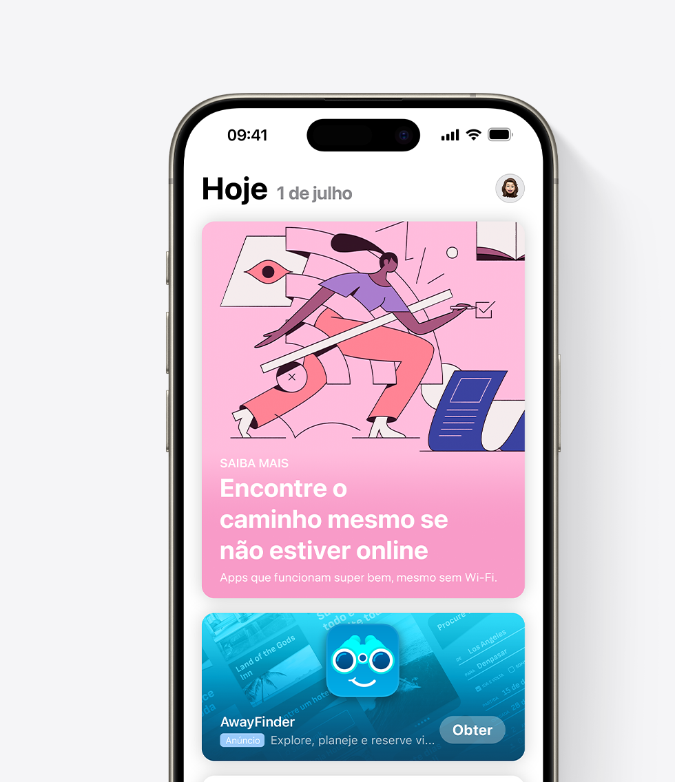 Um iPhone com a App Store aberta e um anúncio do app de exemplo, AwayFinder, exibido em destaque na aba Hoje. O anúncio mostra o ícone, o nome e o subtítulo do app, que diz: "Explore, planeje e reserve viagens".