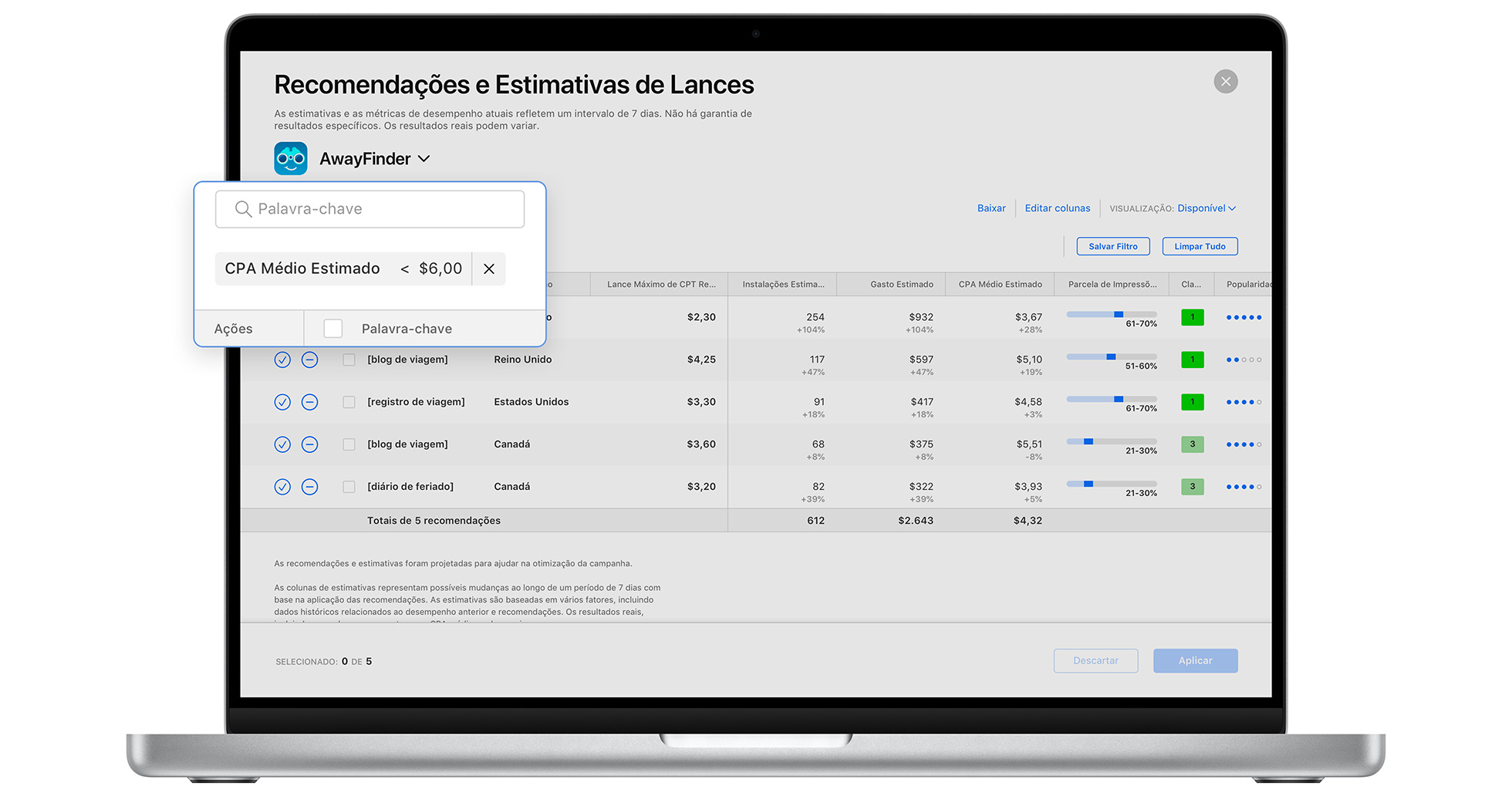 A página Recomendações de Lance no Apple Search Ads Advanced com filtros definidos para mostrar apenas as recomendações que podem gerar um CPA médio estimado menor que US$ 6,00.