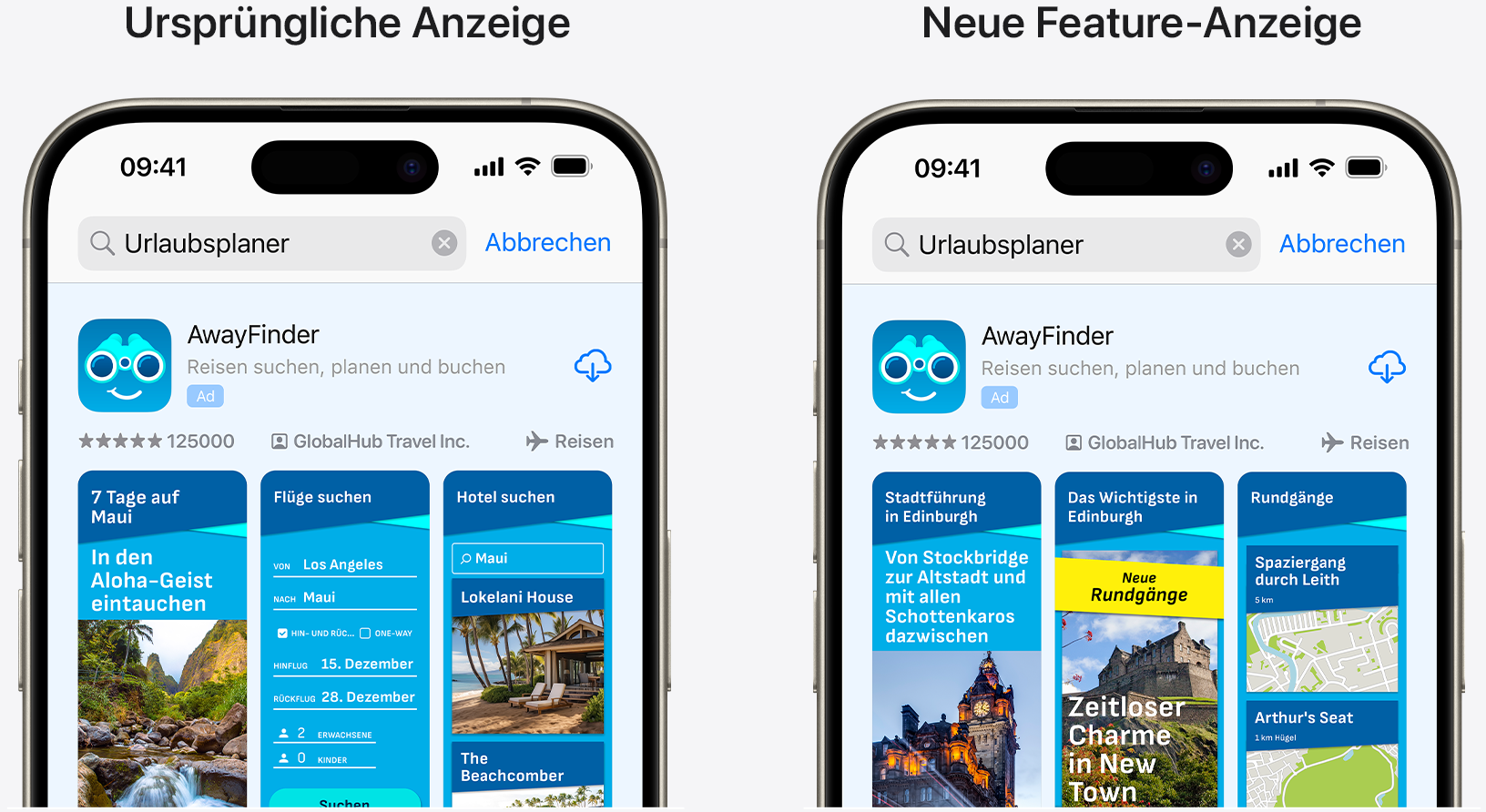 Gegenüberstellung der Originalanzeige der Beispiel-App „AwayFinder“ und einer Anzeige, die eine neue Funktion hervorhebt.