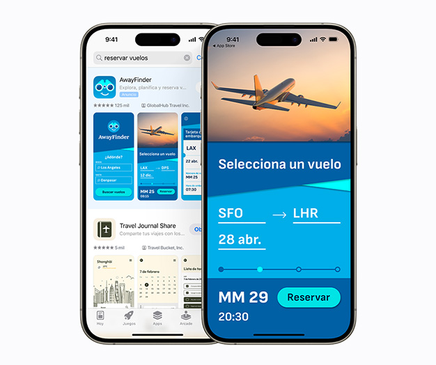 Dos iPhone, uno al lado del otro. Uno muestra un anuncio de resultados de búsqueda para la app de ejemplo, AwayFinder, con el término «reservar vuelos» escrito en el cuadro de búsqueda. El otro muestra una pantalla en la app AwayFinder con la opción «seleccionar un vuelo» y «reservar ahora».