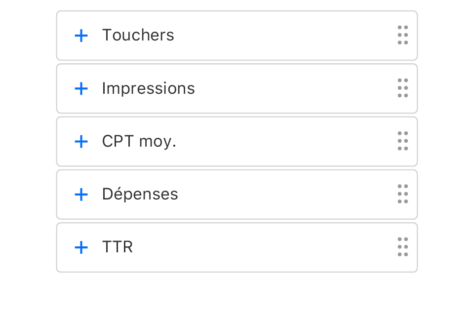 Cinq statistiques de rapport dans les composants de l’interface qui peuvent être déposées pour créer un rapport personnalisé. Les statistiques sont les touchers, les impressions, les installations, les dépenses et le taux de tap.