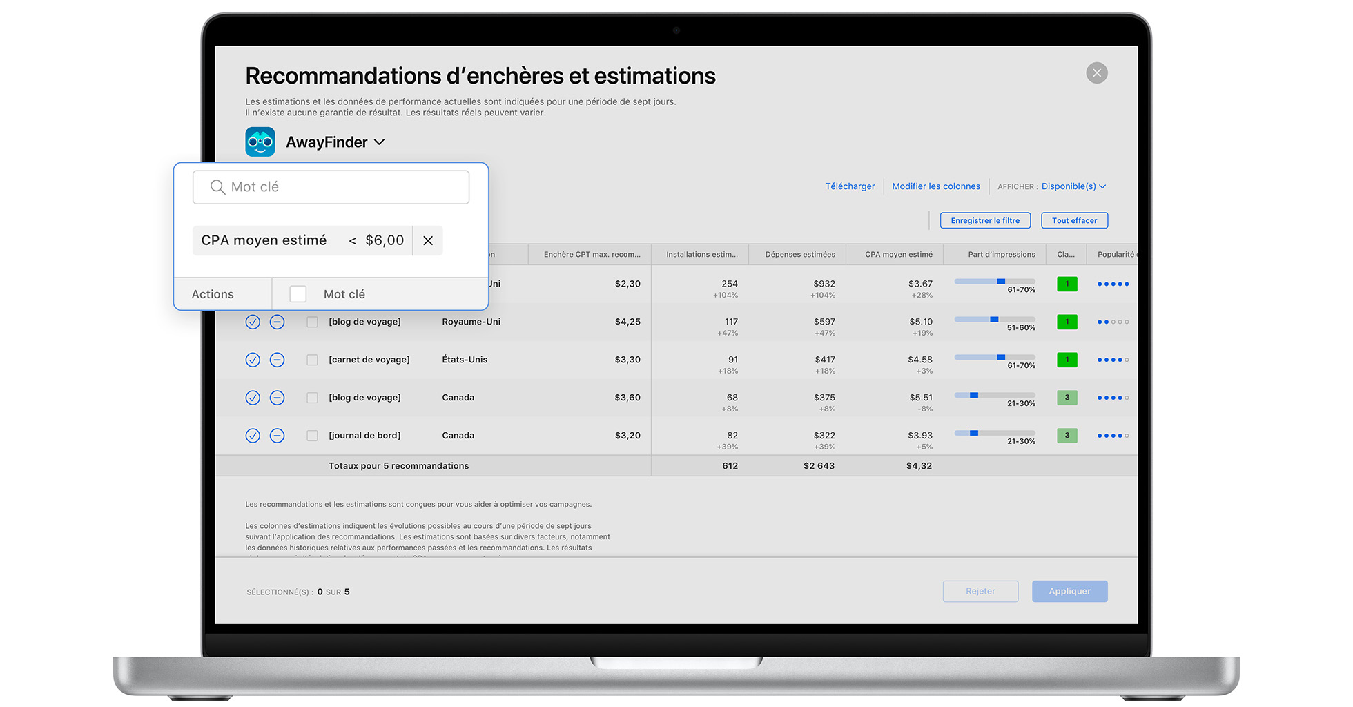 Page Recommandations d’enchères d’Apple Search Ads Advanced, présentant des filtres définis pour afficher uniquement les recommandations susceptibles de mener à un CPA moyen estimé inférieur à 6,00 USD.