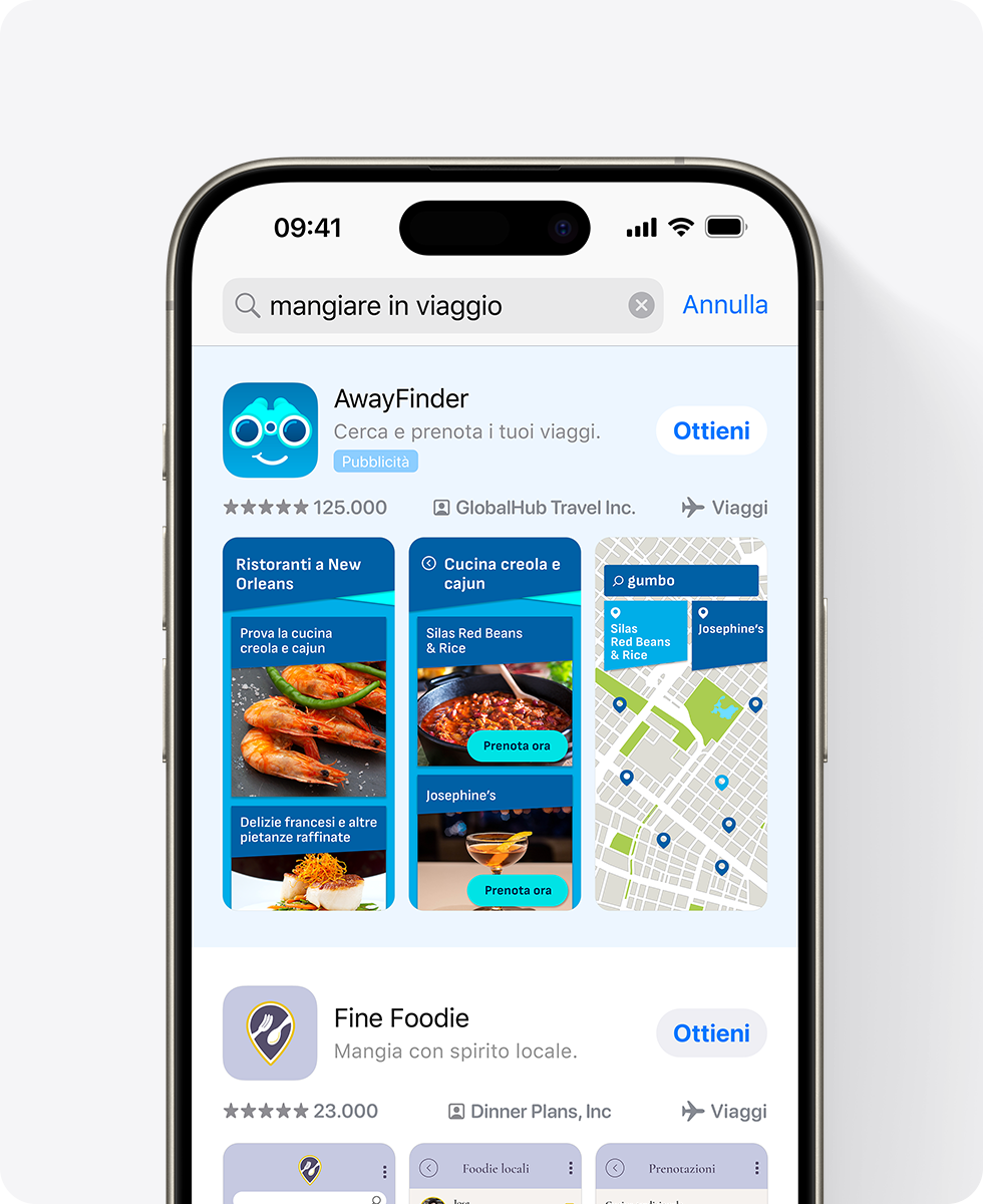 Un iPhone mostra un annuncio per l’app di esempio, AwayFinder, in cima ai risultati di ricerca dell’App Store. L’annuncio include tre screenshot correlati a ristoranti e la query inserita nella casella di ricerca è “mangiare in viaggio”.