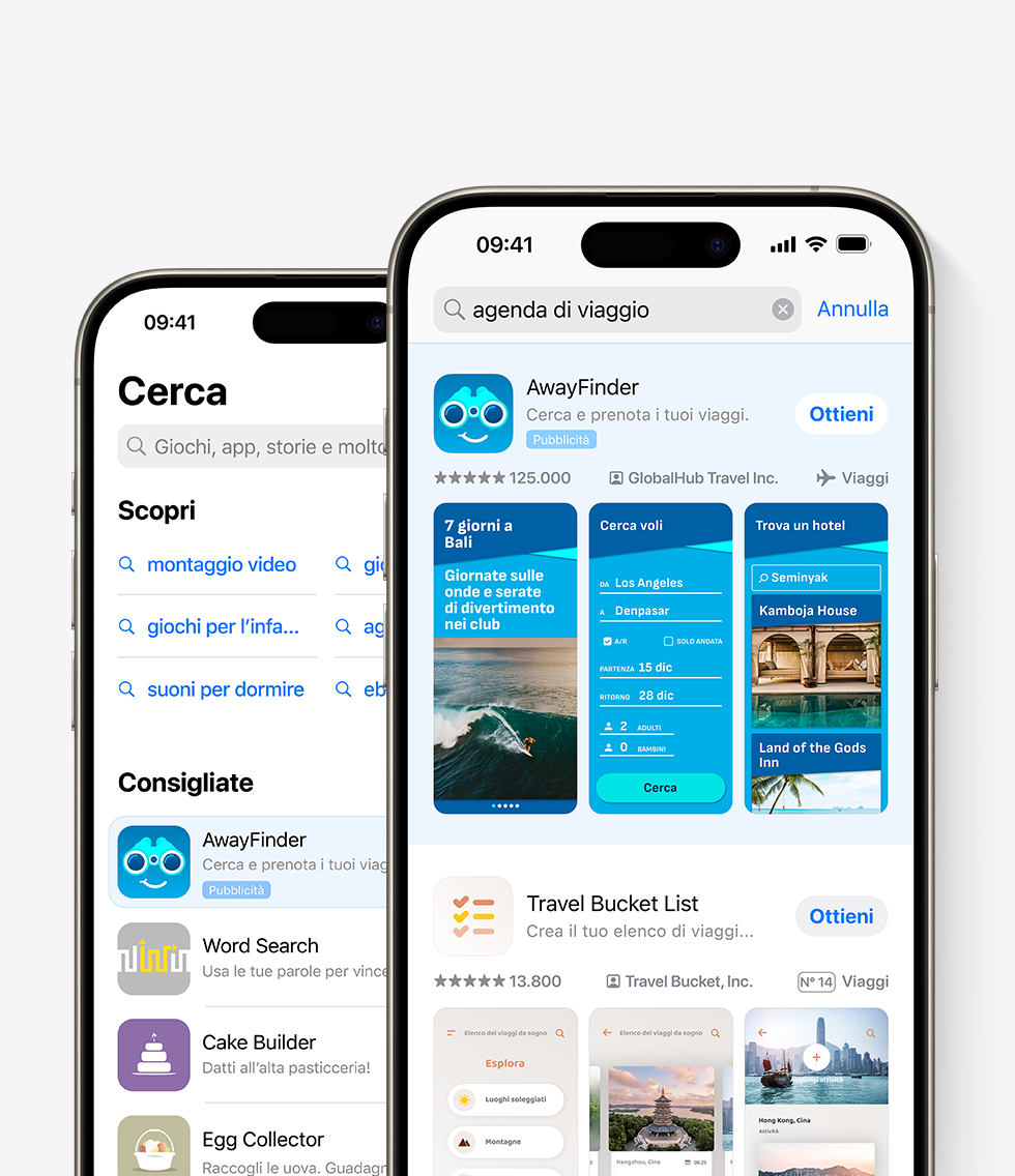 Due iPhone con l’App Store aperto. Un iPhone che mostra un annuncio per l’app di esempio, AwayFinder, nel pannello Cerca. L’altro mostra un annuncio per AwayFinder in cima ai risultati di ricerca, con il termine “agenda di viaggio” inserito nella casella di ricerca.