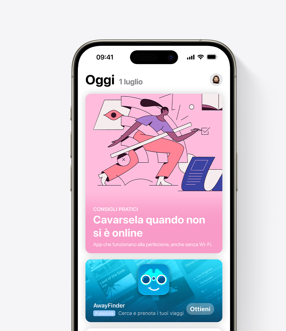 Un iPhone con l’App Store aperto e un annuncio per l’app di esempio, AwayFinder, visualizzato in primo piano nel pannello Oggi. L’annuncio mostra l’icona, il nome e il sottotitolo dell’app con la dicitura “Cerca e prenota i tuoi viaggi”.