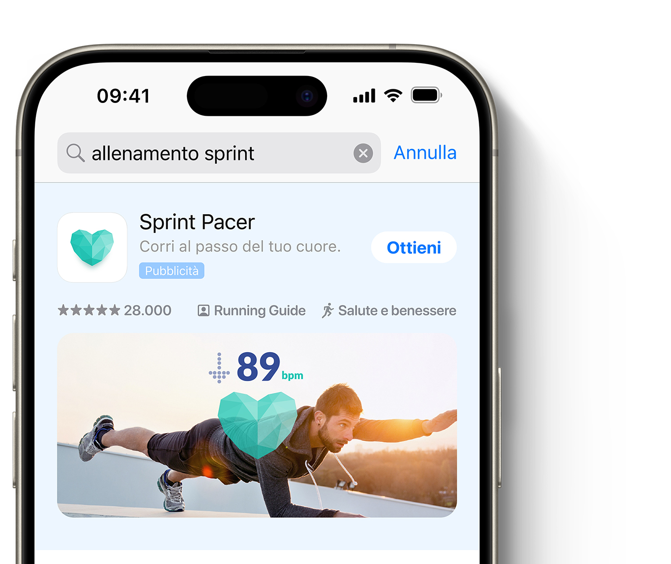 Annuncio per l’app Sprint Pacer visualizzato in cima ai risultati di ricerca dell’App Store. 