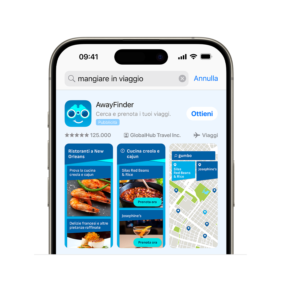 Una variante dell’annuncio per un’app di esempio, AwayFinder, mostra che tre immagini relative alla ristorazione presenti nell’app vengono adattate per essere visualizzate per la query di ricerca “mangiare in viaggio”.