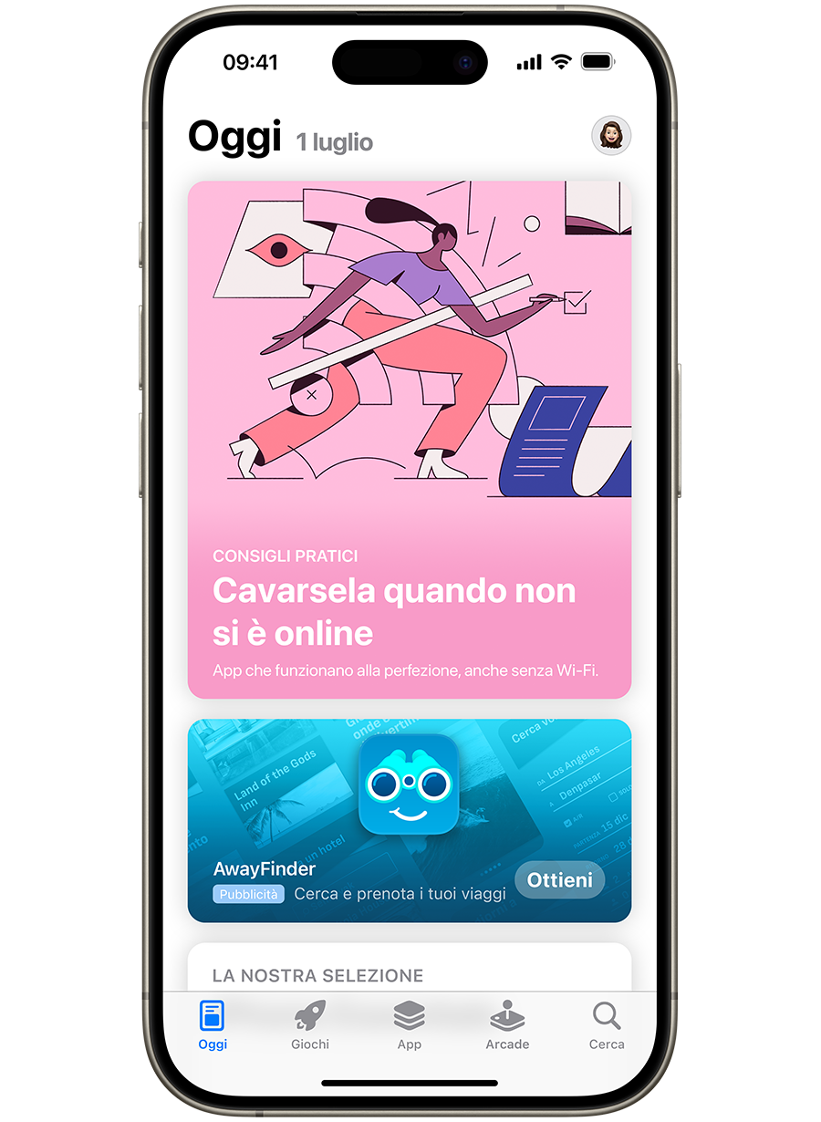 Un iPhone con l’App Store aperto e un annuncio per l’app di esempio, AwayFinder, visualizzato in primo piano nel pannello Oggi. L’annuncio mostra l’icona, il nome e il sottotitolo dell’app con la dicitura “Cerca e prenota i tuoi viaggi”.