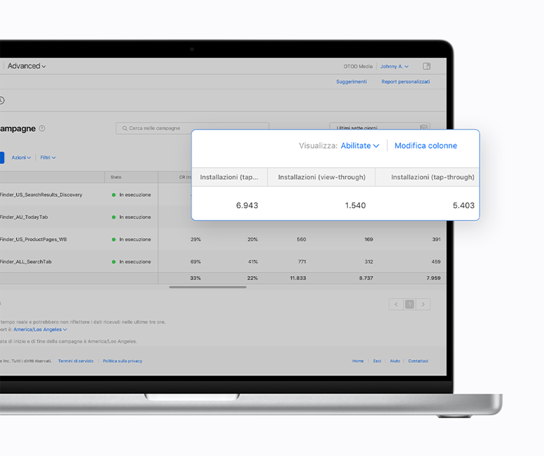 La dashboard Campagne in Apple Search Ads Advanced con le nuove colonne delle metriche, installazioni (view-through), installazioni (tap-through) e installazioni (totali), ingrandite.