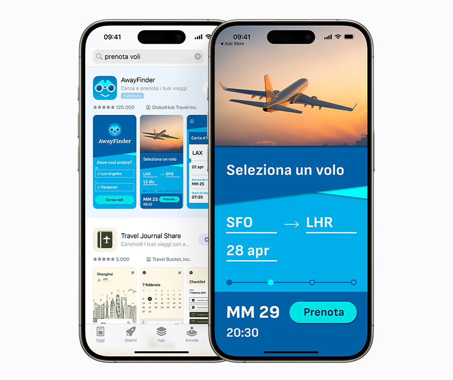 Due iPhone affiancati. Uno mostra un annuncio nei risultati di ricerca per l’app di esempio Away Finder, con il termine “prenota voli” inserito nella casella di ricerca. L’altro mostra una schermata nell’app Away Finder con l’opzione per selezionare un volo e prenotare subito.